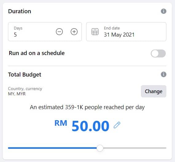 Facebook Boost Post budget and duration
