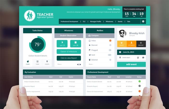 a woman holding a education app dashboard