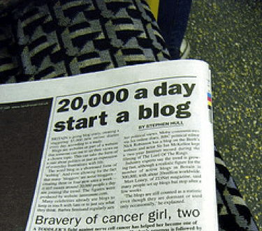 A newspaper headline with text of 20,000 a day start a blog