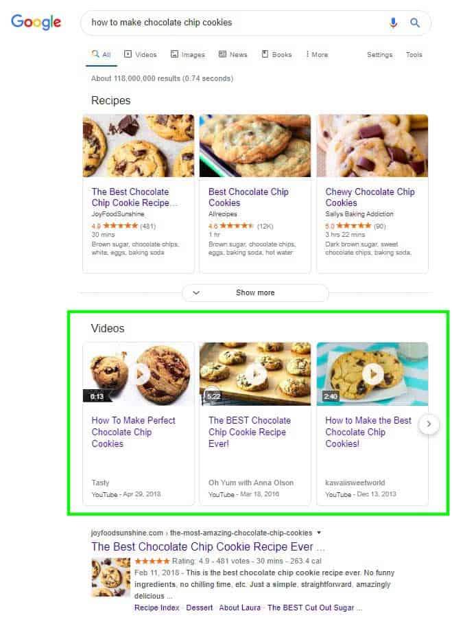 Google result of how to make chocolate chip cookies, while the recipe videos result is being highlighted