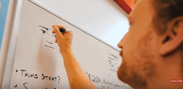 A man drawing a face on a whiteboard with marker